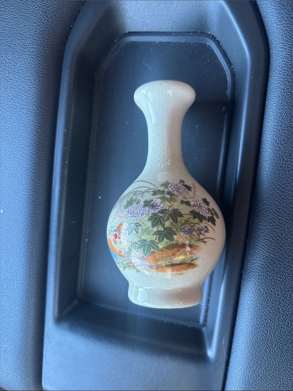 Mid-1900s Vintage Japanese Ceramic Bud Vase with Floral Motif and ducks